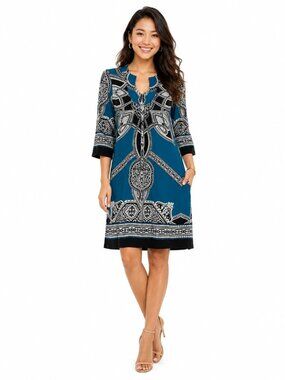 Intermission Dress Size 4 Turquoise Knit Dress Art Deco Print 3/4 Slv